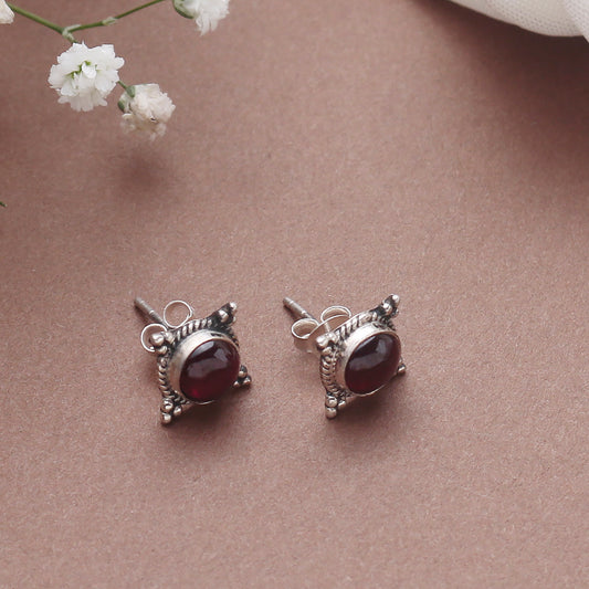 925 Sterling Silver Garnet Stud Earrings for Women | Rich Red Handmade Eartops | Festive & Daily Jewelry