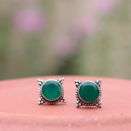 925 Sterling Silver Green Onyx Stud Earrings for Women | Fresh Green Handmade Eartops | Daily & Festive Jewelry