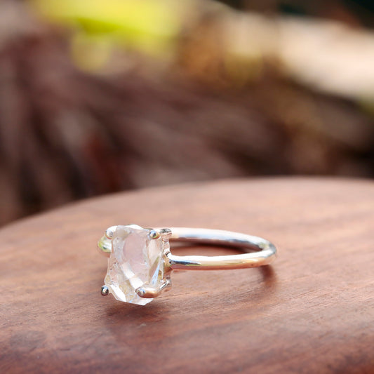 925 Sterling Silver Herkimer Diamond Ring – Raw, Natural Quartz Gemstone Jewelry for Women, Perfect for Boho-Chic and Minimalist Styles