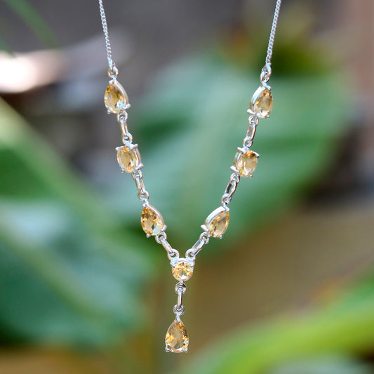 925 Sterling Silver Citrine Necklace – Elegant Yellow Gemstone Pendant Chain for a Graceful and Classic Look