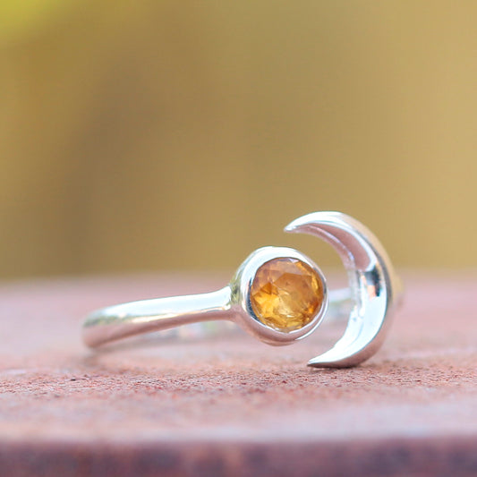 Sterling Silver Crescent Moon Ring with Citrine Gemstone - Dainty Celestial Jewelry for Women