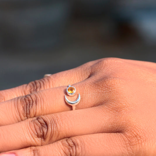 Sterling Silver Crescent Moon Ring with Citrine Gemstone - Dainty Celestial Jewelry for Women