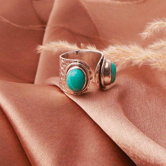 925 Sterling Silver Turquoise Adjustable Cuff Ring – Handmade Boho Statement Jewelry