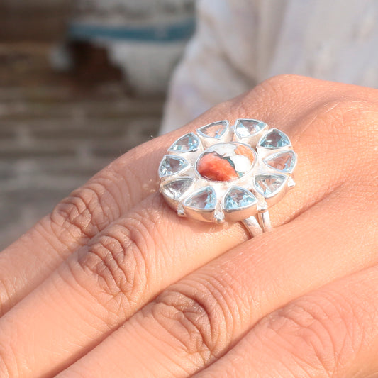 925 Sterling Silver Statement Ring with Multi Turquoise & Blue Topaz
