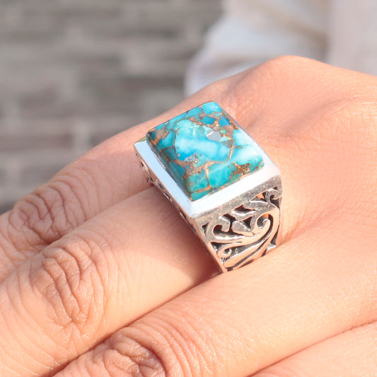 925 Sterling Silver Turquoise Statement Ring – Bold Vintage Design for Men