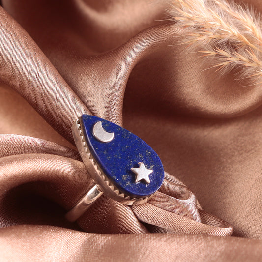 925 Sterling Silver Lapis Lazuli Ring with Moon & Star – Celestial Handmade Jewelry