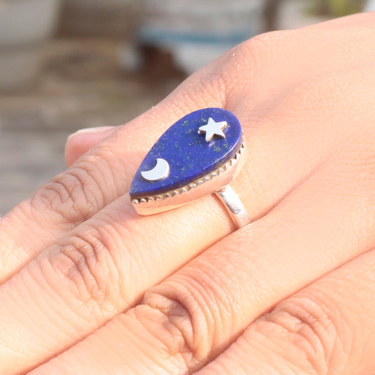 925 Sterling Silver Lapis Lazuli Ring with Moon & Star – Celestial Handmade Jewelry