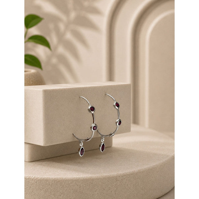 925 Sterling Silver Garnet Gemstone Earrings, Marquise Red Stone Curved Drop Jewellery