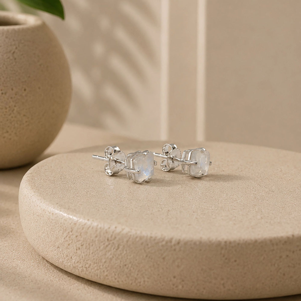 925 Sterling Silver Moonstone Square Stud Earrings White Gemstone Jewelry