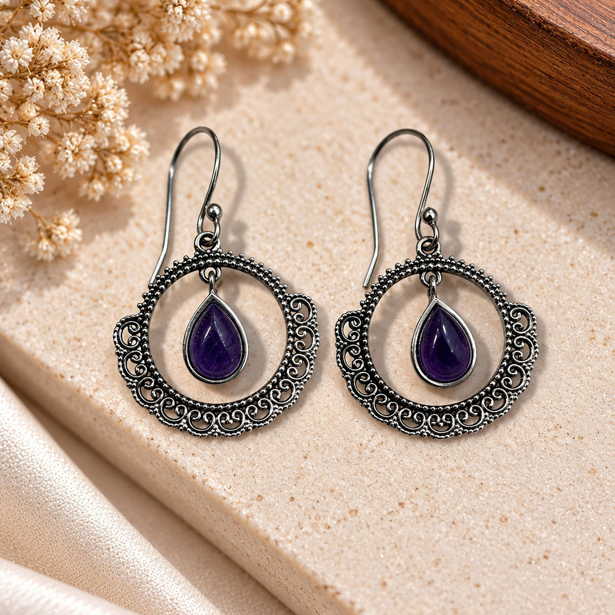 FUSIONARI 925 Sterling Silver Amethyst Gemstone Drop Earrings Jewellery