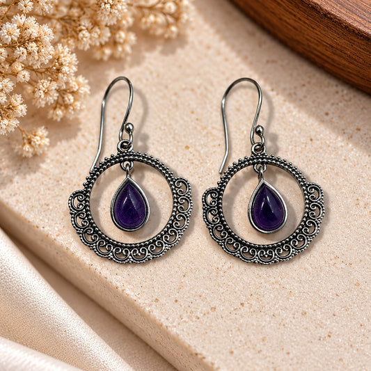 925 Sterling Silver Amethyst Earrings Teardrop Gemstone Filigree Leaf Inspired Oxidised Handmade Jewelry