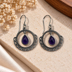 FUSIONARI 925 Sterling Silver Amethyst Gemstone Drop Earrings Jewellery