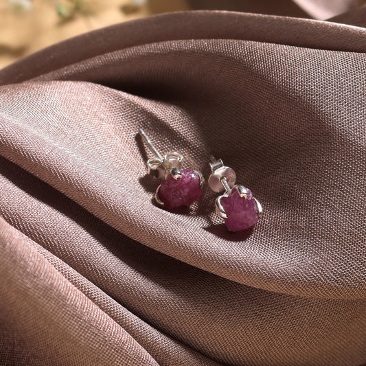925 Silver Eartops with uncut ruby stone in prongs setting with push closure