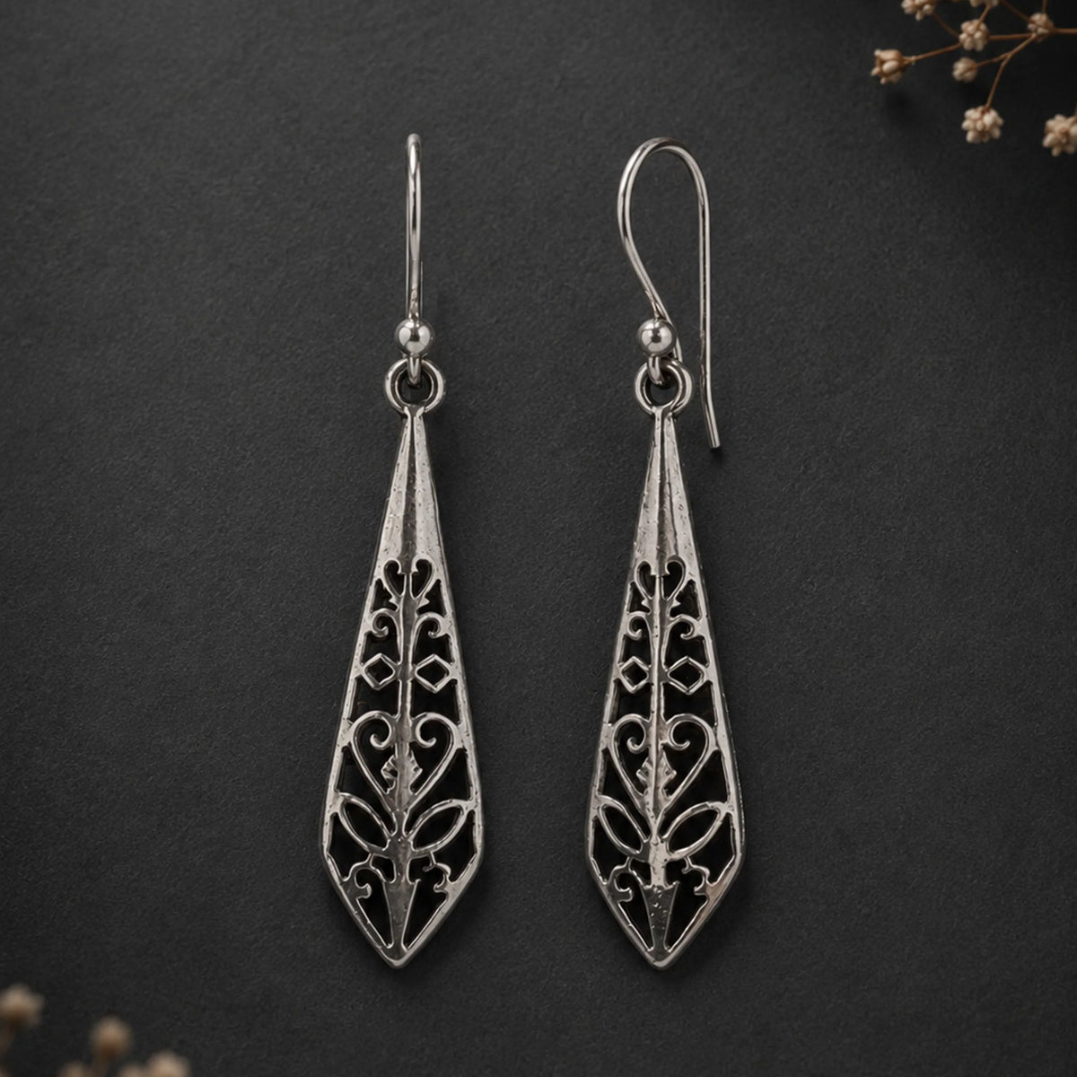 925 Sterling Silver Filigree Long Drop Dangle Earrings