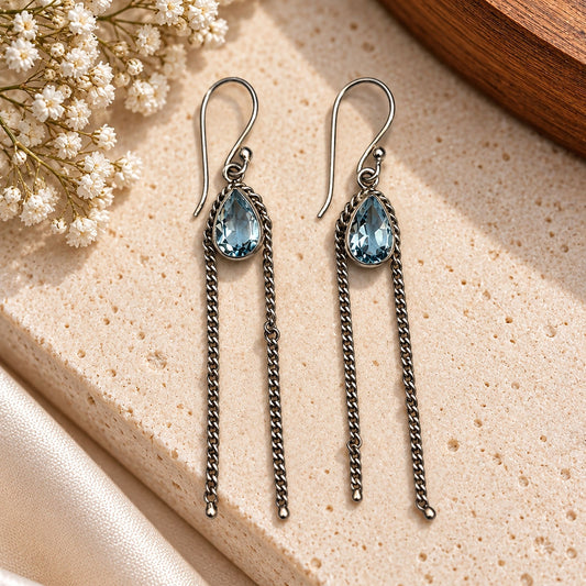 925 Sterling Silver Blue Topaz Earrings Pear Gemstone Rope Frame Chain Handmade Jewelry