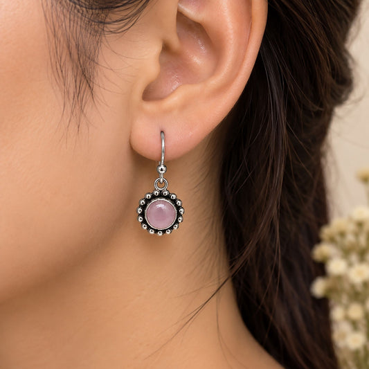 925 Sterling Silver Pink Chalcedony Earrings Round Gemstone Beaded Frame Handmade Jewelry