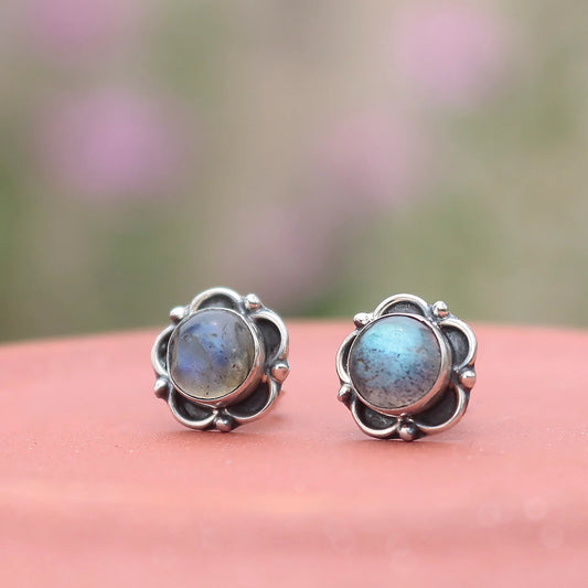 925 silver round Labradorite Gemstone Eartops Handmade in Bezel setting with push closure in Oxidised finish.