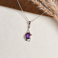 925 Silver Handmade Amethyst & Ruby Gemstone Oval Pendant Curved Leaf Design