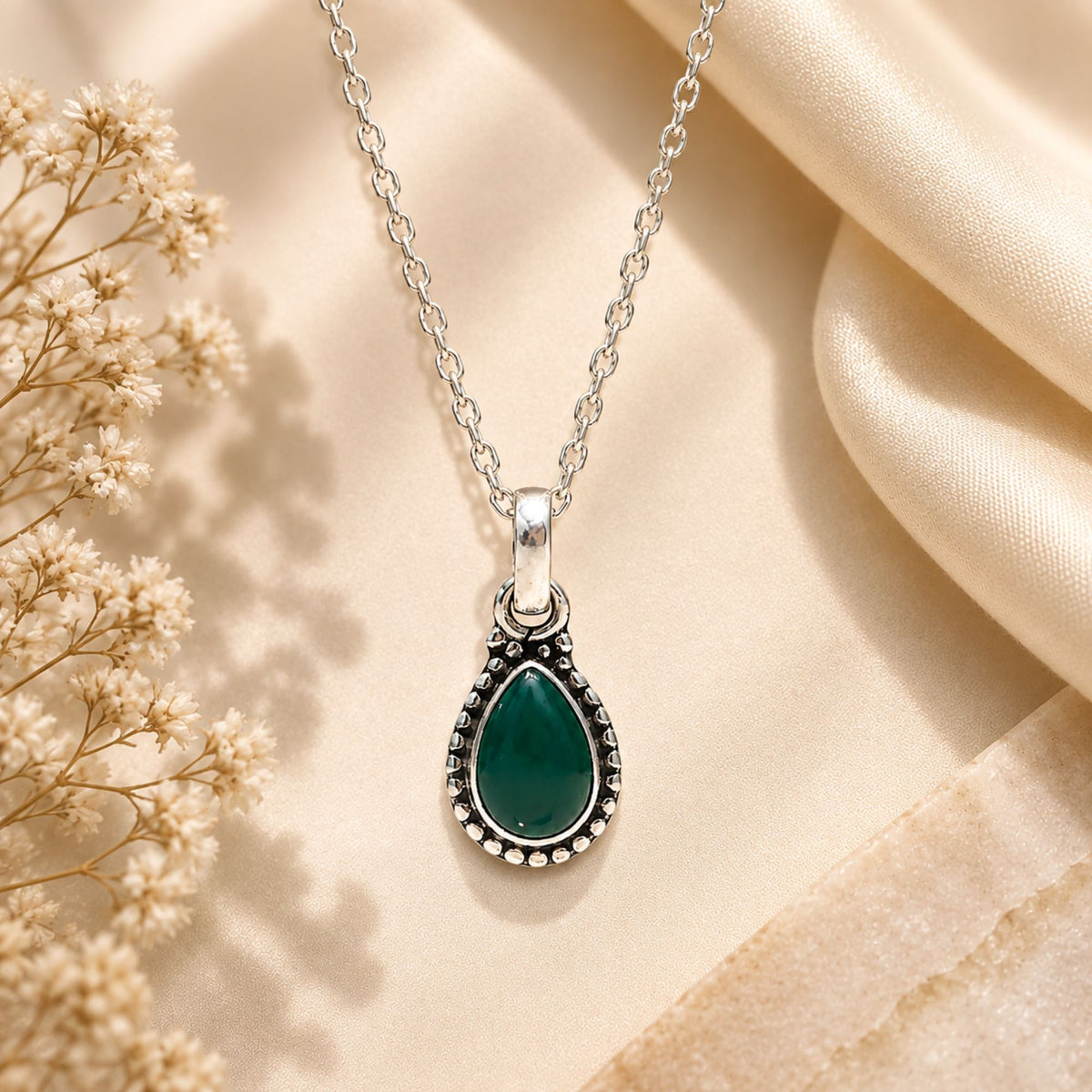 925 Sterling Silver Green Onyx Oval Pendant Cabochon Cut Handmade Beaded Frame Jewelry
