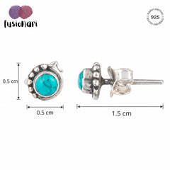 925 Silver Eartops with round Turquoise handmade in bezel setting with push closure