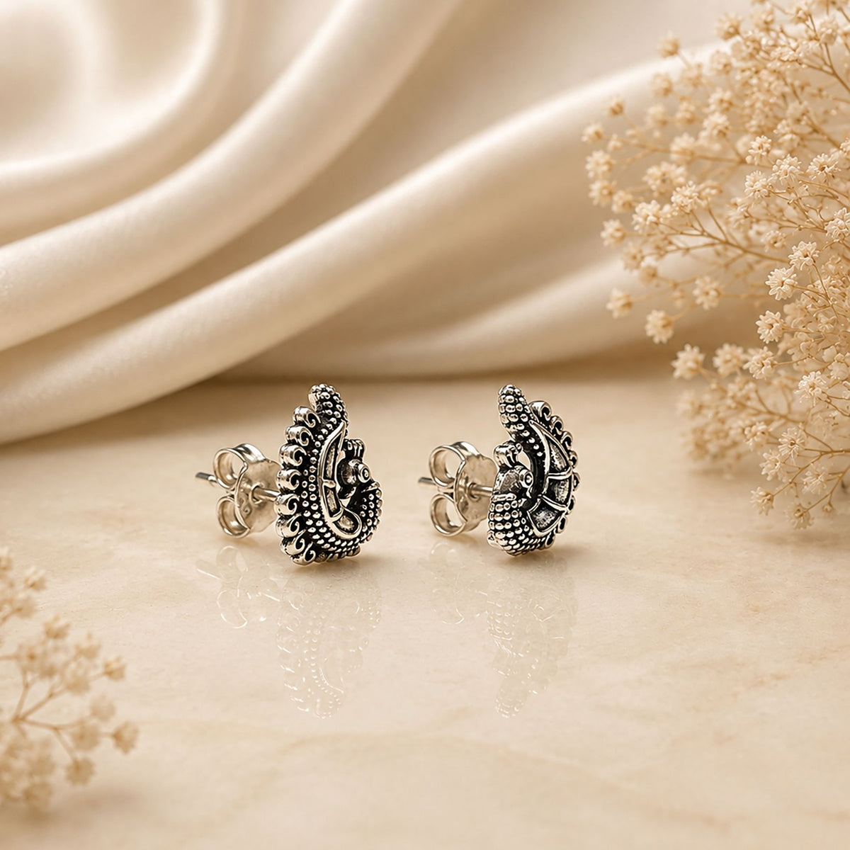 FUSIONARI 925 Sterling Silver Peacock Oxidised Traditional Tribal Bird Stud Earrings
