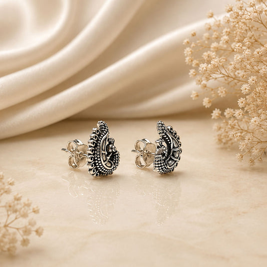 925 Sterling Silver Eartop Peacock Oxidised Traditional Tribal Bird Stud