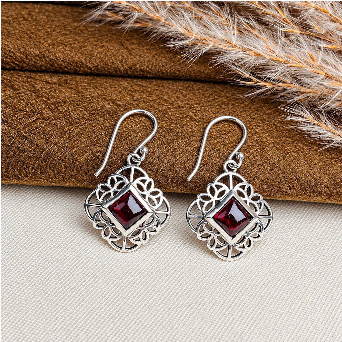 925 Silver Garnet Gemstone Earring Square Cabochon in Bezel Setting with Floral Design and Hook Earwire