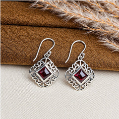 925 Silver Garnet Gemstone Earring Square Cabochon in Bezel Setting with Floral Design and Hook Earwire