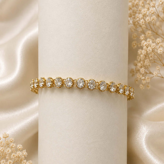 925 Silver Bracelet with Round AD Zircon Handmade in Bezel Setting with Lobster Claw Closure