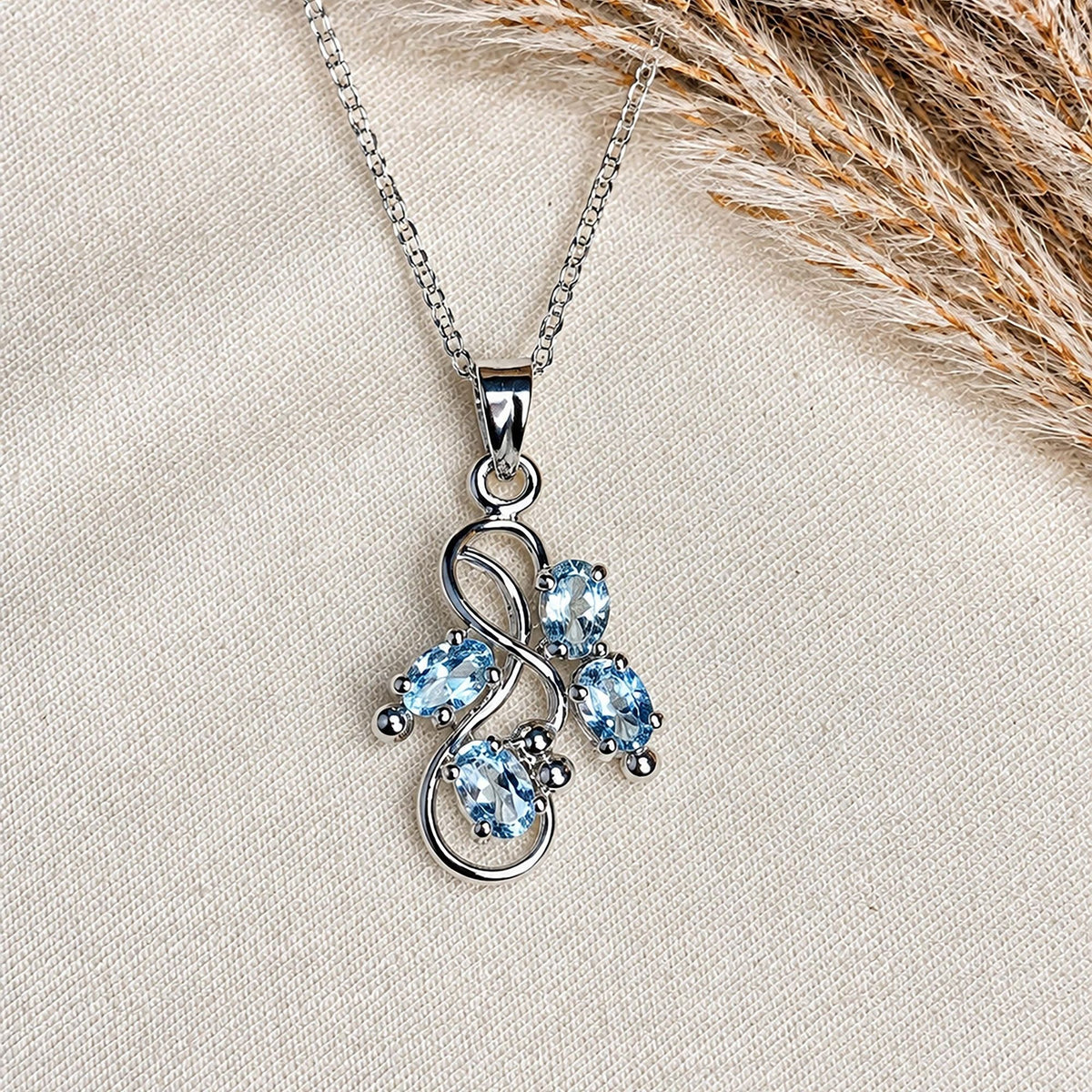 925 Silver Handmade Blue Topaz Oval Gemstone Pendant Floral Leaf Design