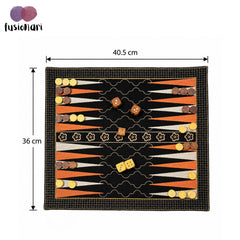 Board Game "BACKGAMMON" embroidered on cotton fabric with playing dice and wooden coins