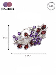 925 Sterling Silver Amethyst and Garnet Gemstone Floral Leaf Brooch Pin for Women and Girls