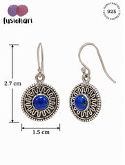 925 Sterling Silver Lapis Lazuli Gemstone Floral Round Drop Earrings
