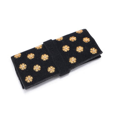 Handmade Jewelry Roll Organizer, Black Soft Suede Fabric with Copper Badla Thread Embroidery