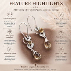 925 Sterling Silver Citrine Earrings | Handmade Leaf Design with Faceted Crystal Drop