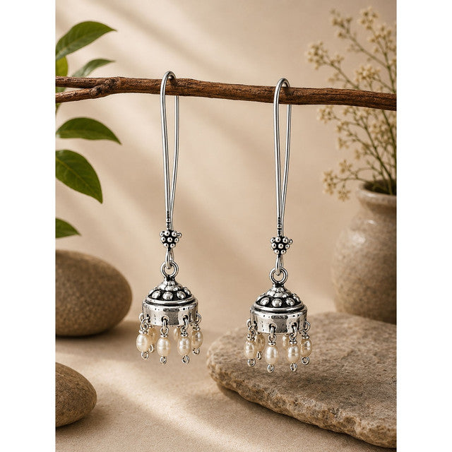 925 Sterling Silver Pearl Earrings, White Moti Stone Fish Hook Drop Design