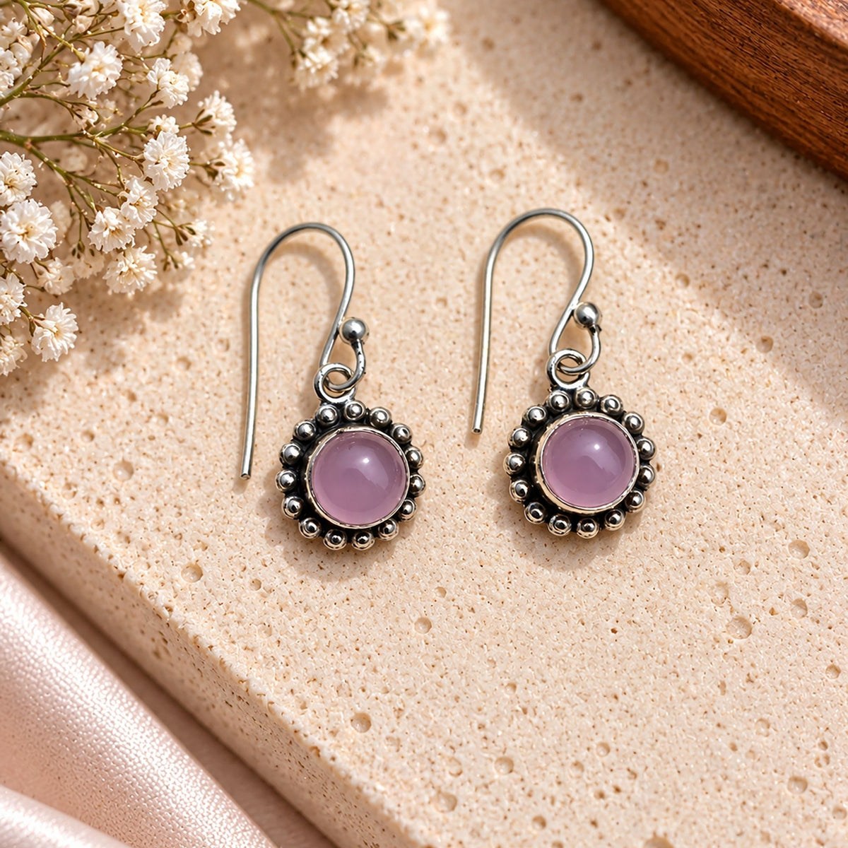FUSIONARI 925 Sterling Silver Pink Chalcedony Gemstone Drop Earrings Jewellery