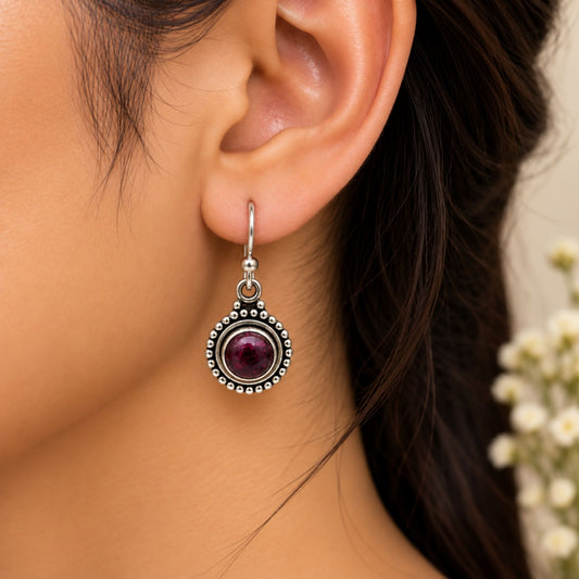 925 Sterling Silver Garnet Oxidised Round Dangle Earrings Beaded Traditional Drop Jewelry