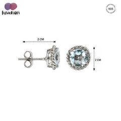 925 Sterling Silver Blue Topaz Stud Earrings, Blue Gemstone Push Lock