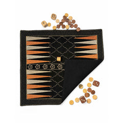 Board Game "BACKGAMMON" embroidered on cotton fabric with playing dice and wooden coins