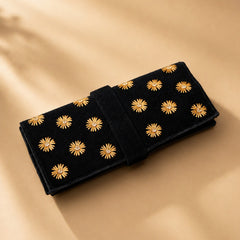 Handmade Jewelry Roll Organizer, Black Soft Suede Fabric with Copper Badla Thread Embroidery