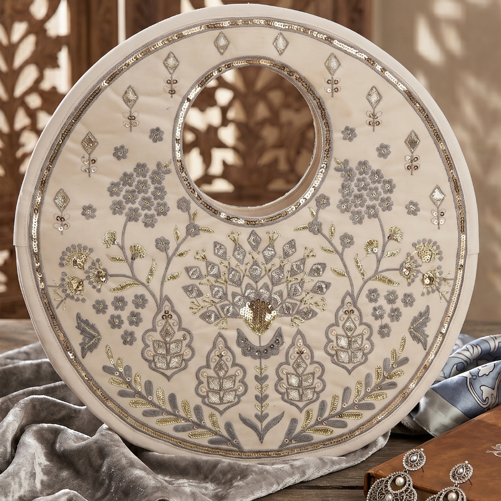 Traditional Beige Suede Round Handbag with Floral Embroidery, Gota Patti & Sequin Work