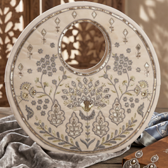 Traditional Beige Suede Round Handbag with Floral Embroidery, Gota Patti & Sequin Work