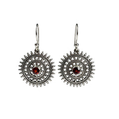 925 Silver Garnet Gemstone Earring Round Faceted in Bezel Setting with Oxidised Circular Design and Hook Earwire