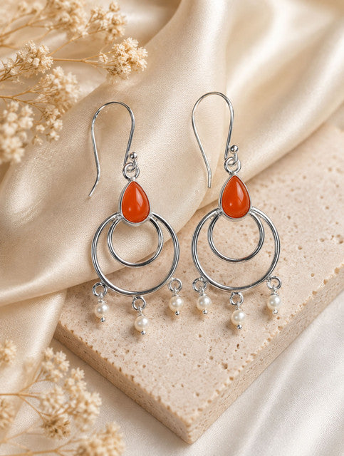 925 Sterling Silver Carnelian Stone Drop Earrings with Pearl Accents