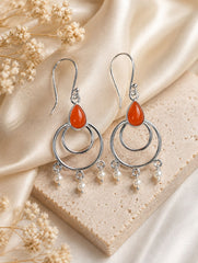 925 Sterling Silver Carnelian Stone Drop Earrings with Pearl Accents