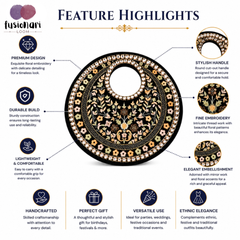 Black Suede Floral Embroidered Round Handbag, Hand Purse, Clutches with Patra Mirror Work for Women & Girls