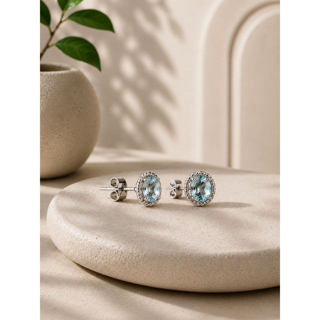 925 Sterling Silver Blue Topaz Stud Earrings, Blue Gemstone Push Lock