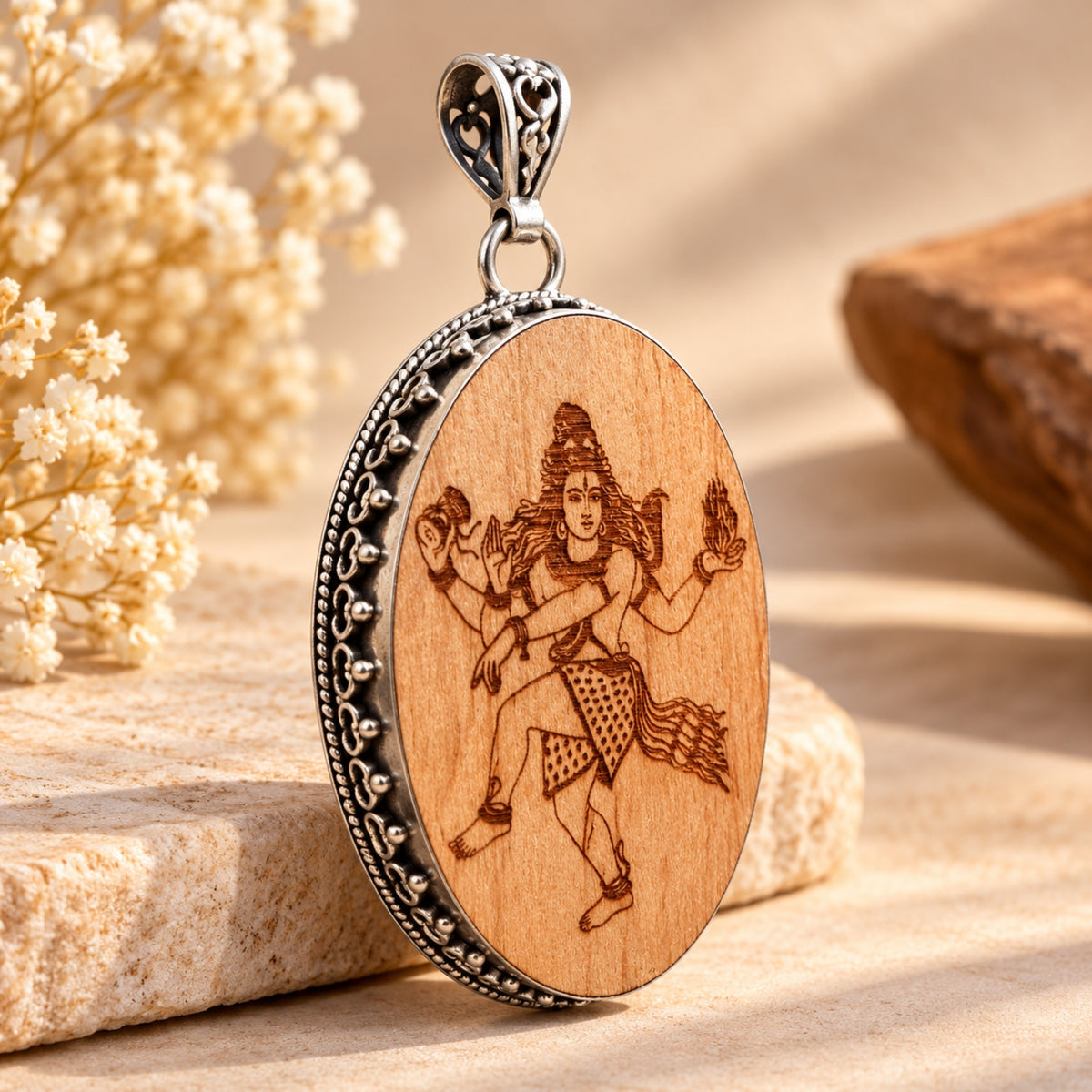 Wooden Laser Engraved Shiva Silver Pendant