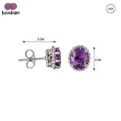 925 Sterling Silver Amethyst Stud Earrings, Purple Gemstone Push Lock